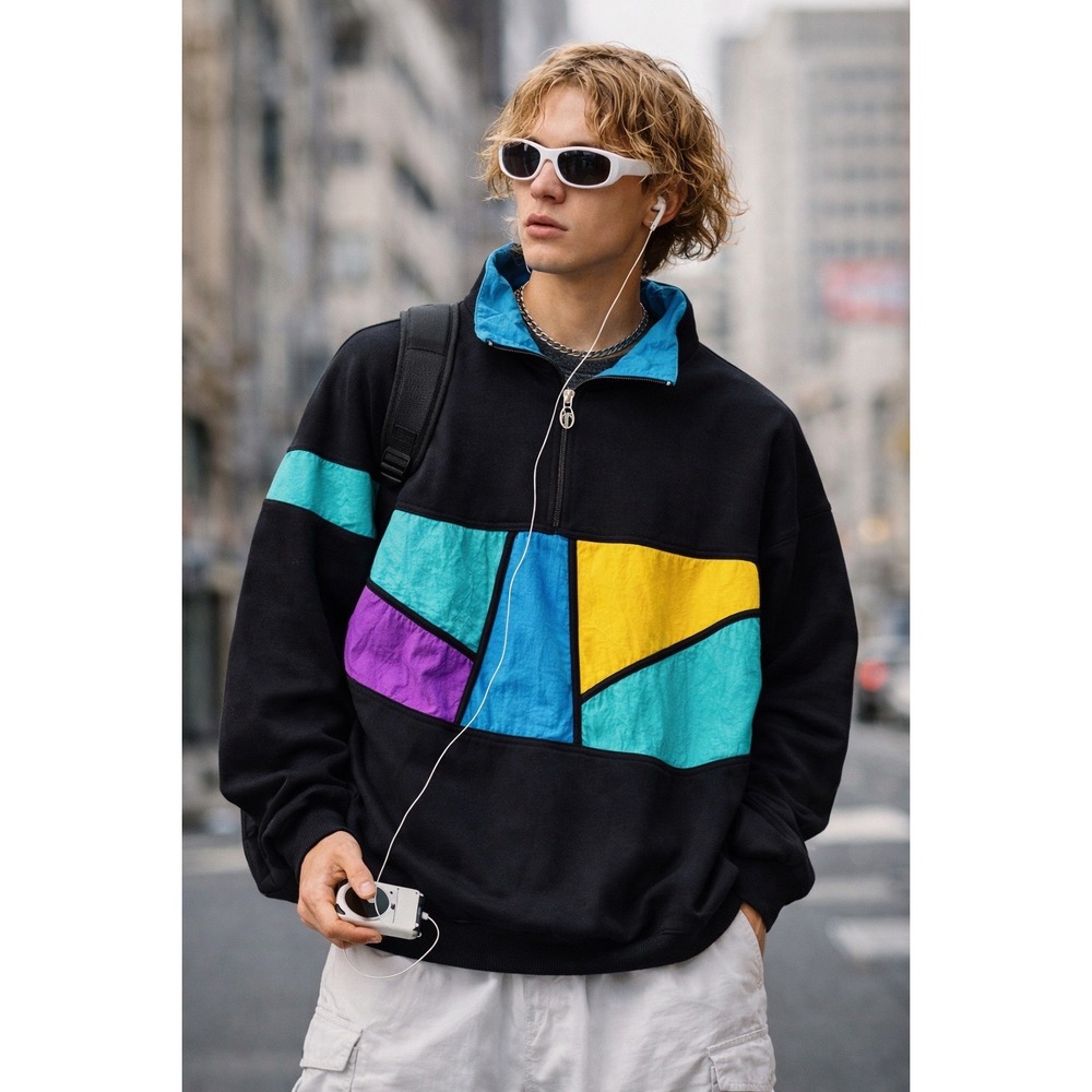 Vintage Lavon Colorblock Quarter Zip Sweatshirt Windbreaker 90s‎ Neon Retro M